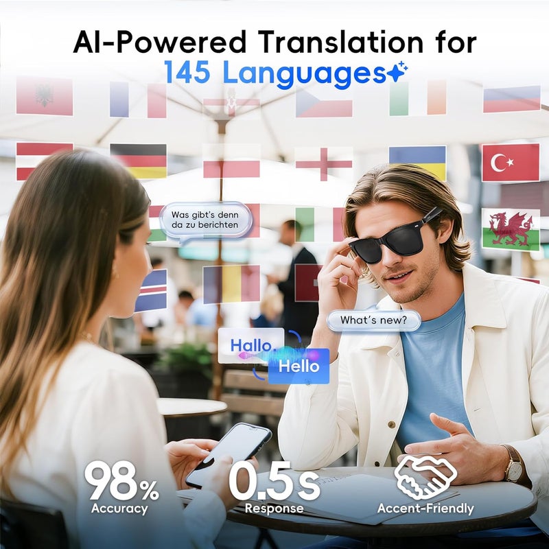 GetD 2026 AI Glasses for Men & Women, Smart Glasses Powered by ChatGPT, AI Real-time Translation with 145 Languages, 11H Music Play, Bluetooth Sunglasses with Polarized Lens, UV Protection for Travel - Image 3